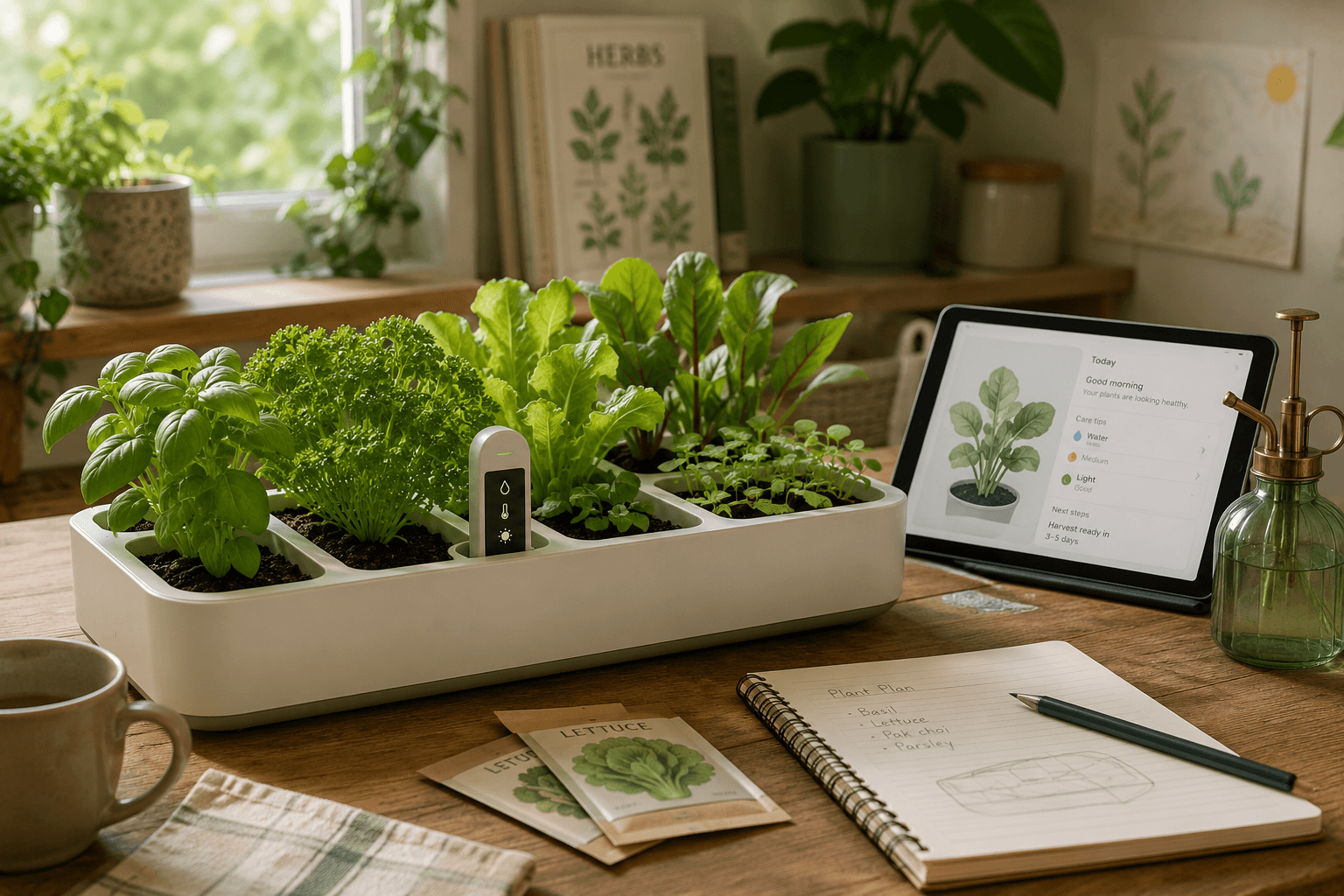 Compact smart growing tray with herbs, seedlings, a plant care display and notebook on a wooden table